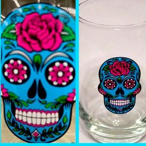 (2) Day of The Dead Wine Glasses Dia De Los Muertos 15oz Tumbler Sugar Skull Tea